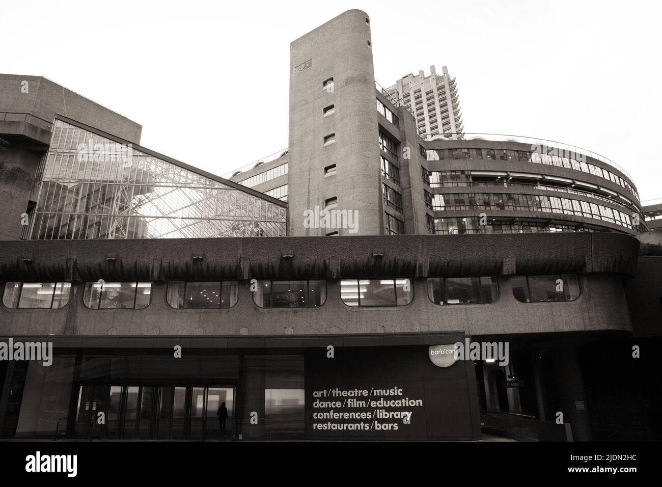 LONDON - FEB 14: Main entrance of Barbican Center, the largest performing arts centre in Europe, designed by Chamberlin, Powell and Bon, opened 1982. Stock Photo
