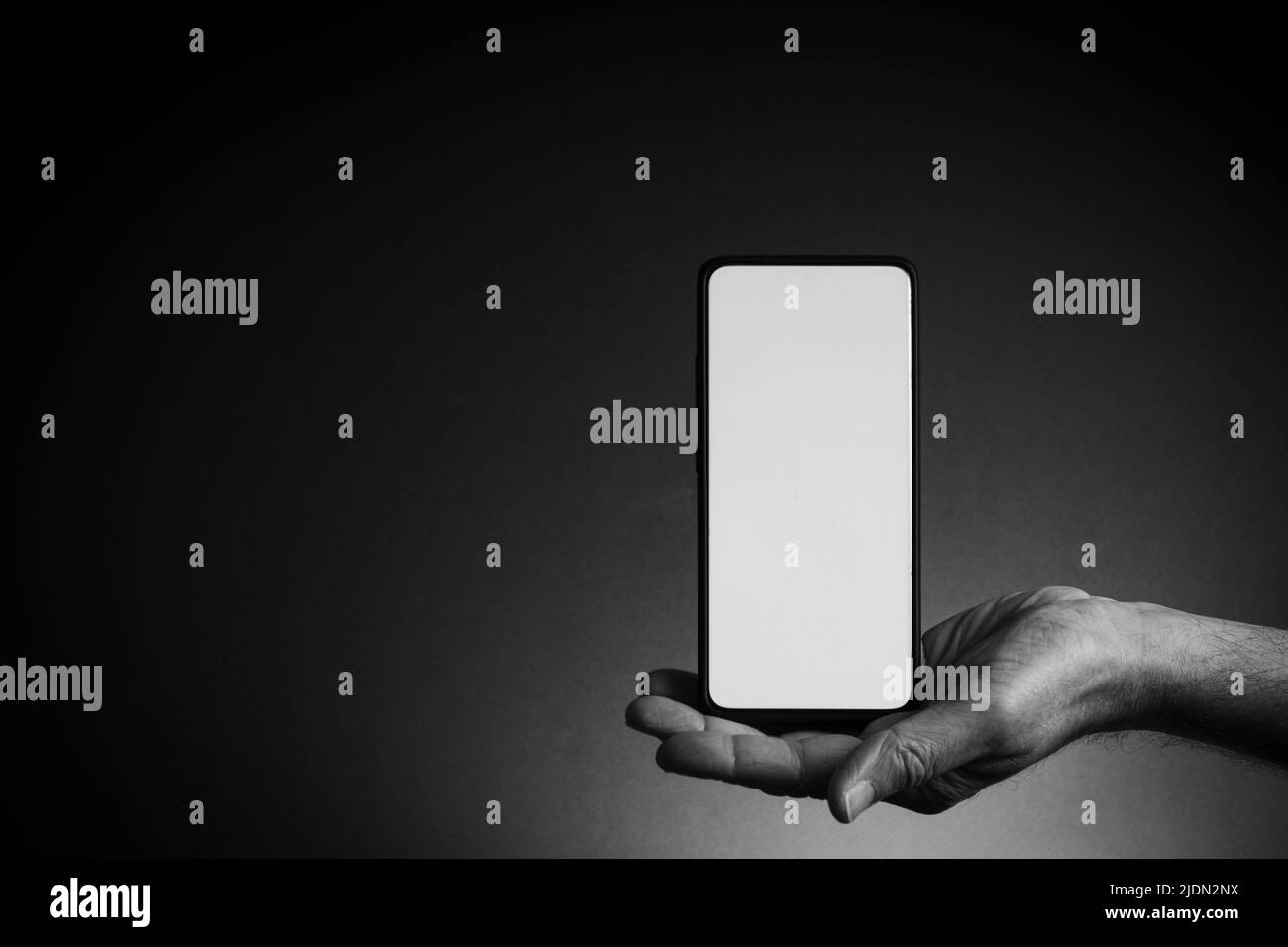 Black and white image of man's hand held out holding black smartphone on palm with blank white screen isolated on dark background with dramatic lighti Stock Photo