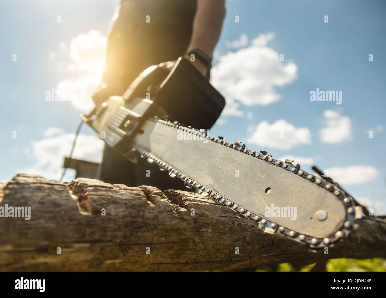 Close-up of a man sawing a log with a chainsaw Stock Photo - Alamy