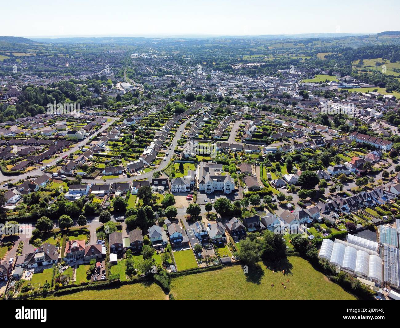 Honiton, Devon, UK.  22nd June 2022.  General view from the air of Honiton in Devon ahead of tomorrows parliamentary election for the Tiverton and Honiton constituency.  Picture Credit: Graham Hunt/Alamy Live News Stock Photo