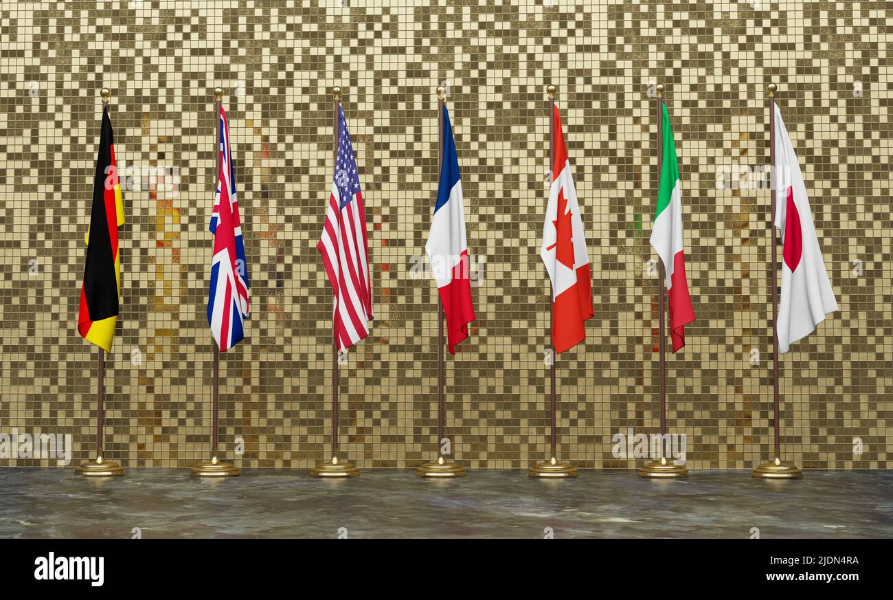 G7 summit. flags of members of G7 group of seven and list of countries World map. Group of Seven.  3d illustration and 3d work Stock Photo