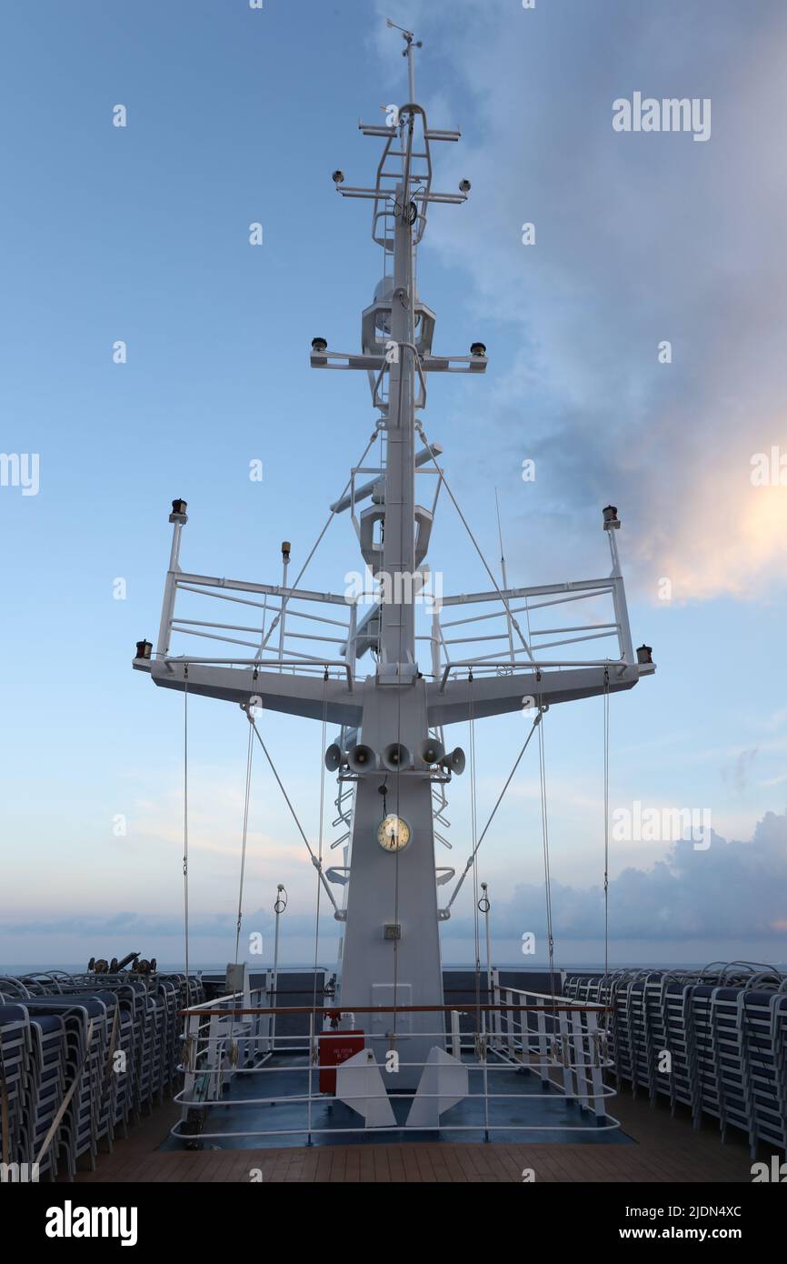 Navigation and radar equipment and antenna on the mast of cruise ship