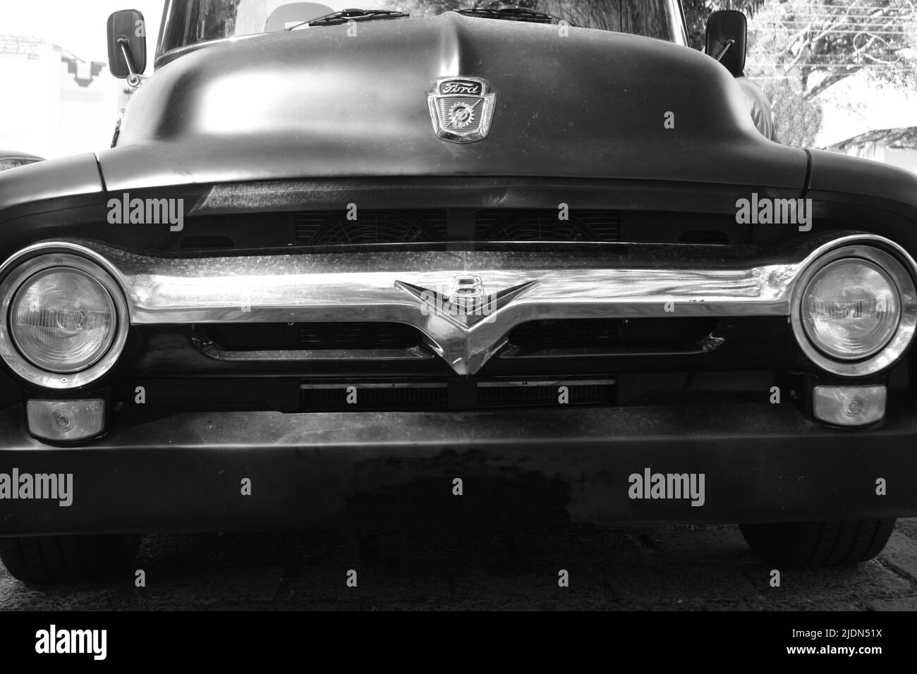 Vintage Ford car on exhibition of vintage cars in Brazil, South America, front view, bottom-up photo, black color Stock Photo