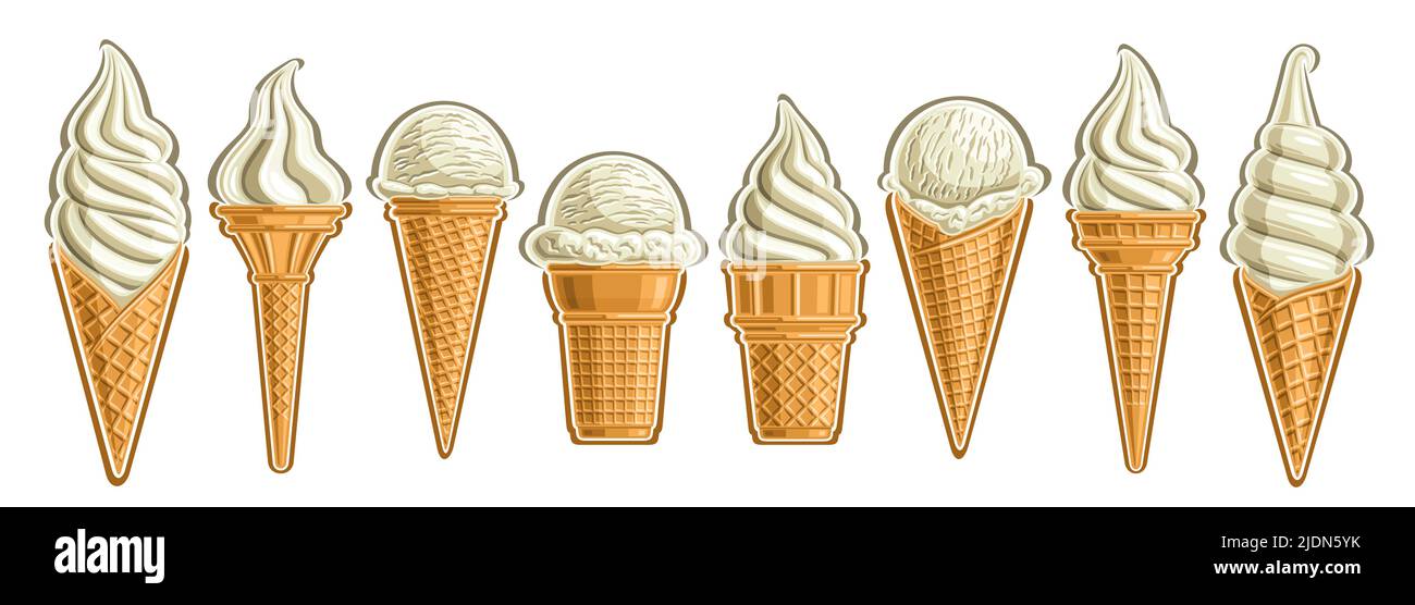 Vector Ice Cream Set, banner with lot collection of cut out different illustrations of group american scoop ball ice creams in waffle cone and vanilla Stock Vector