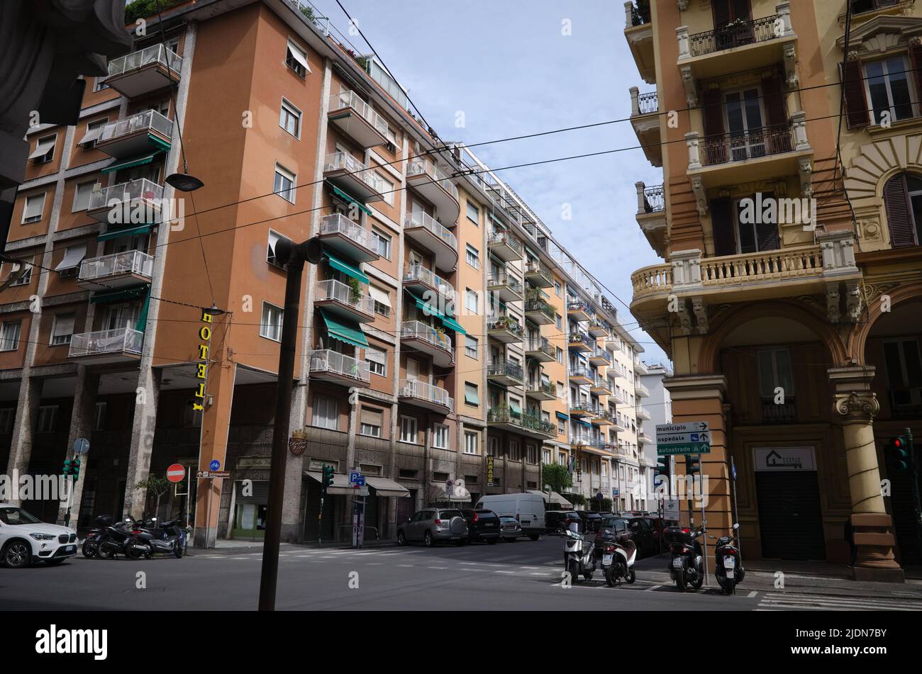 La Spezia, Italy - April, 2022: Multi-storey residential buildings at intersection of Via Vittorio Veneto and Via Francesco Crispi streets. Stock Photo