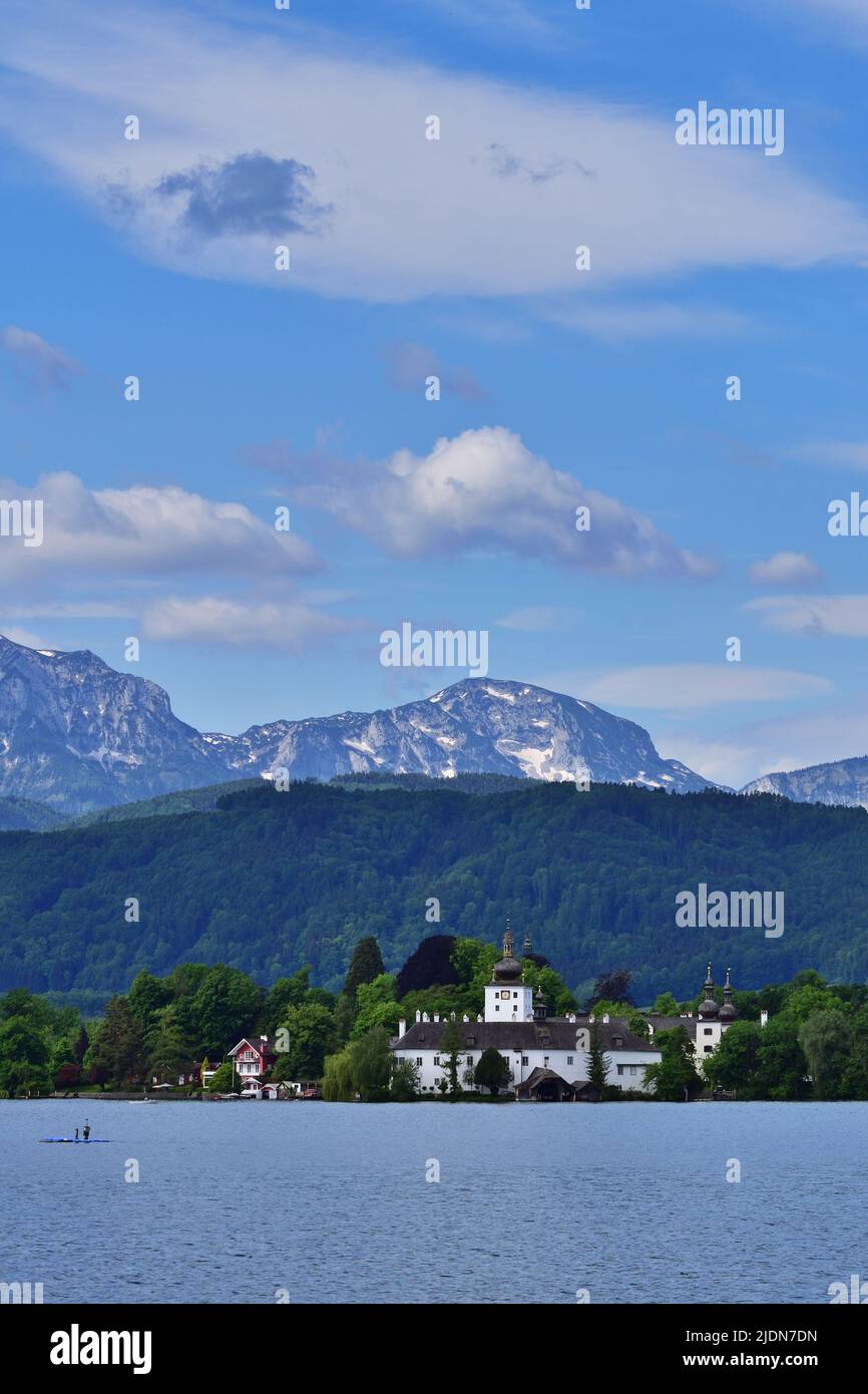 Schloss Ort with alpine background in Austria, vertical Stock Photo