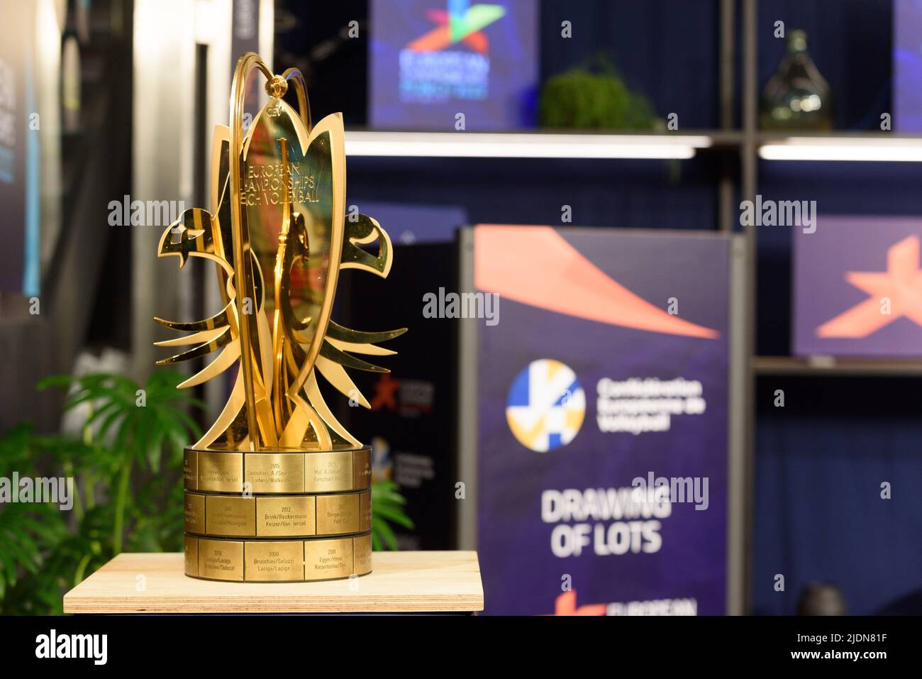 European Beach Volleyball Championship trophy before the draw of lots for the 2022 European Beach Volleyball Championships at Mini-Pavillon, Munich.  Sven Beyrich/SPP Stock Photo
