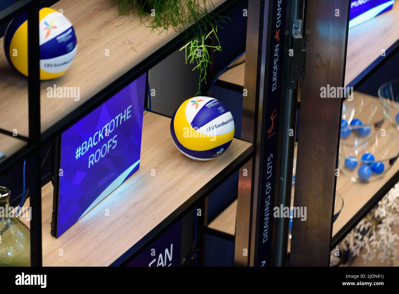 Beach volleyball on a shelf before the draw of lots for the 2022 European Beach Volleyball Championships at Mini-Pavillon, Munich.  Sven Beyrich/SPP Stock Photo