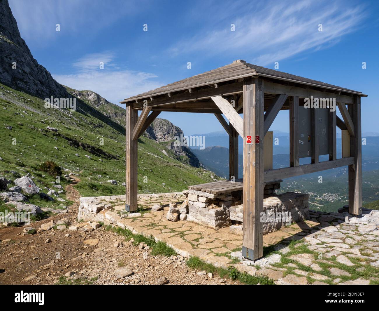 Wooden shelter by a mountain spring on the popular climb from Mikros Gialos and the Astraka refuge below mount Astraka in the Zagori region of Greece Stock Photo