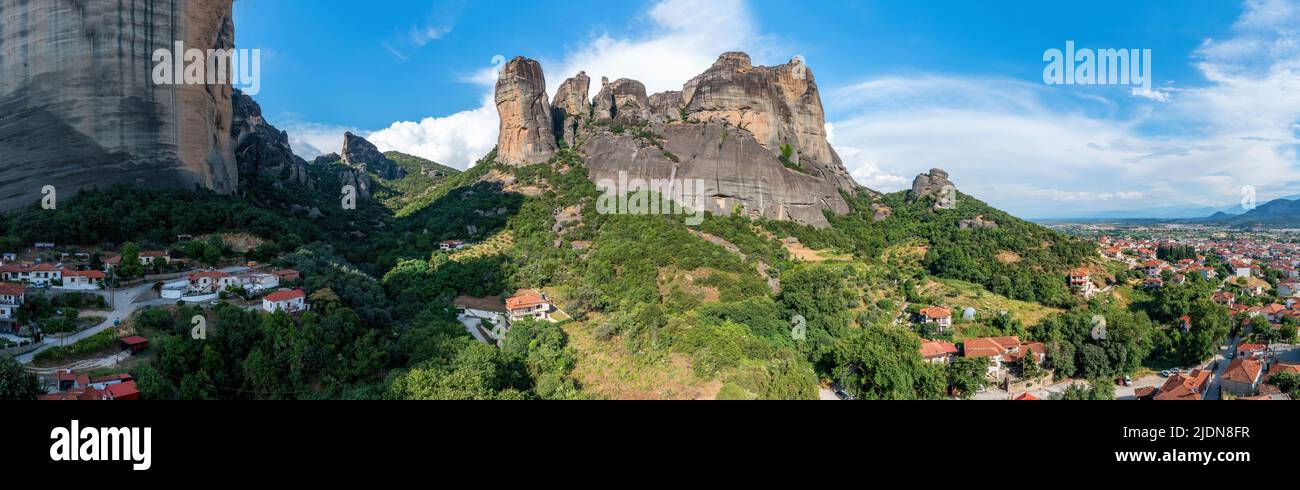 Greece Meteora landscape panoramic aerial view. Kalambaka village and famous rock formations. Europe travel destination Stock Photo
