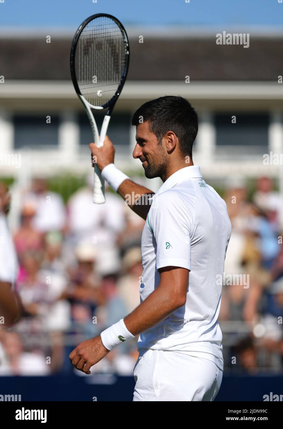 Novak Djokovic celebrates winning his ATP EXHO singles match against Felix Auger Aliassime on day two