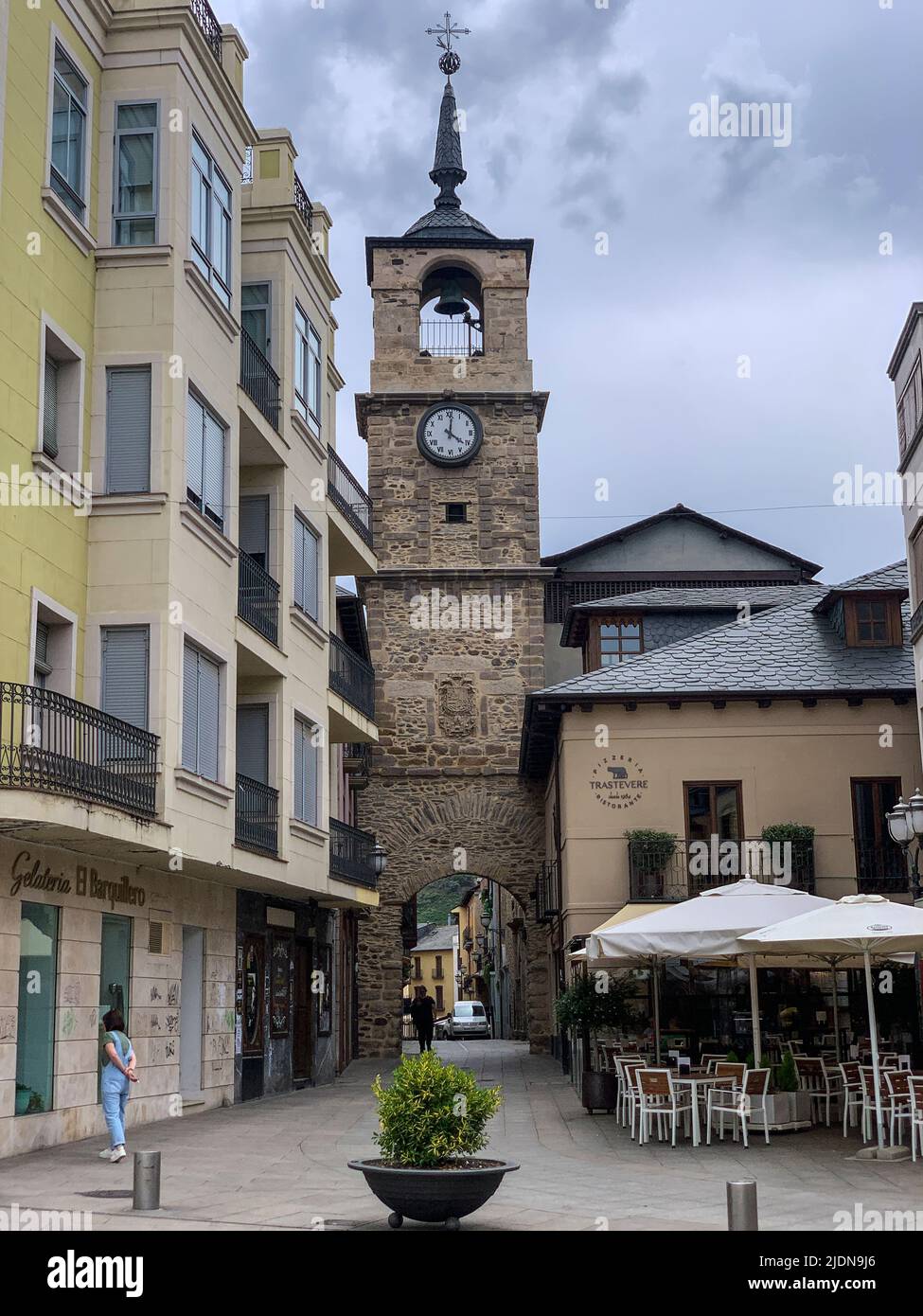 Spain, Ponferrada, Castilla y Leon. Torre del Reloj, Clock Tower, 16th Century. The only remaining original gate to the city's medieval wall. Stock Photo
