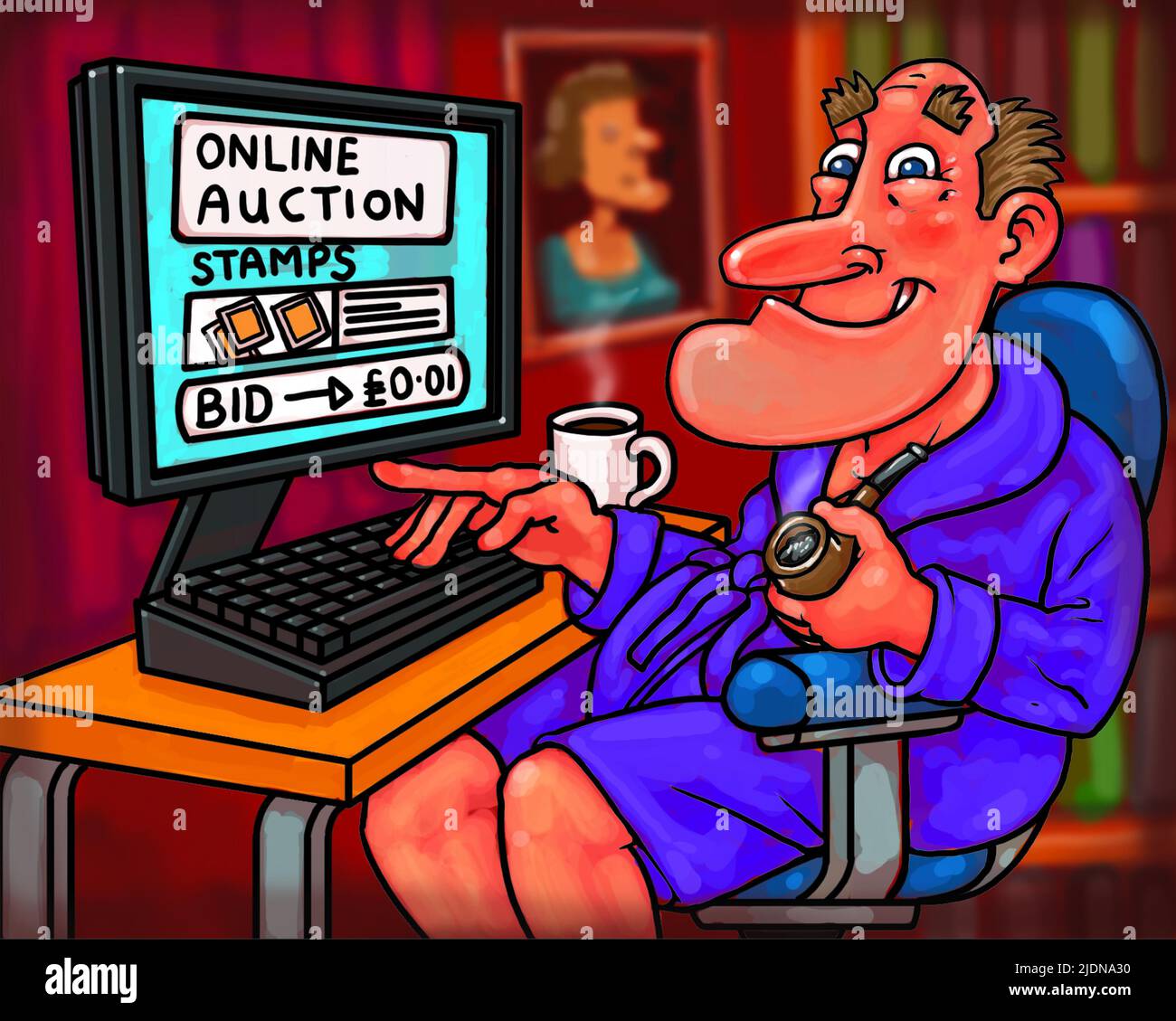 Art illustrating the convenience of online auctions, showing a man sitting in his dressing gown, bidding on a philately collection of postage stamps. Stock Photo