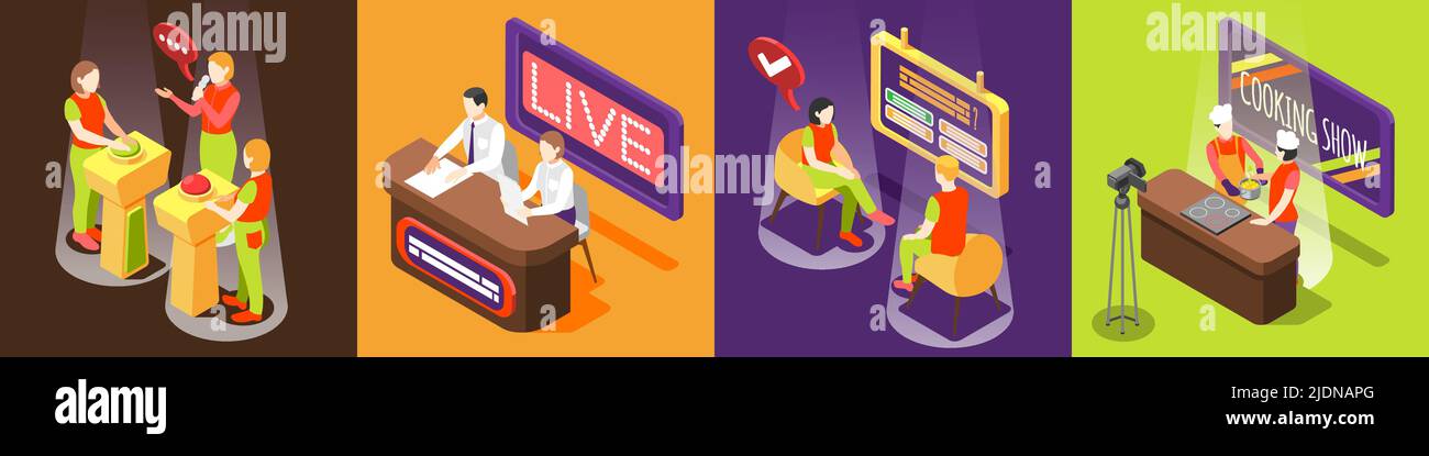 Quiz TV show square icons set with television symbols isometric ...