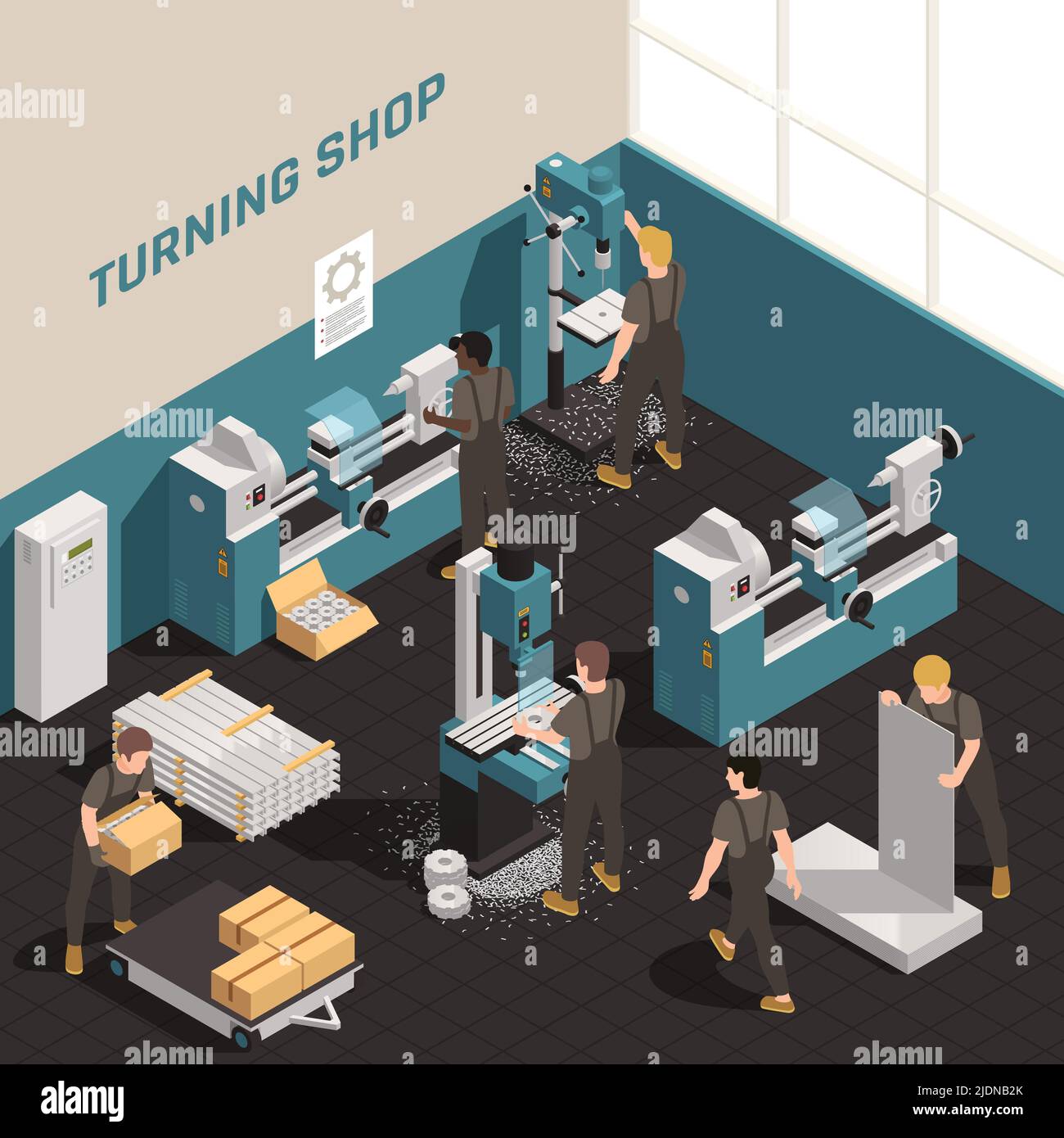 Metalworking shop facility precision equipment isometric composition with people working on metal lathes turning machines vector illustration Stock Vector