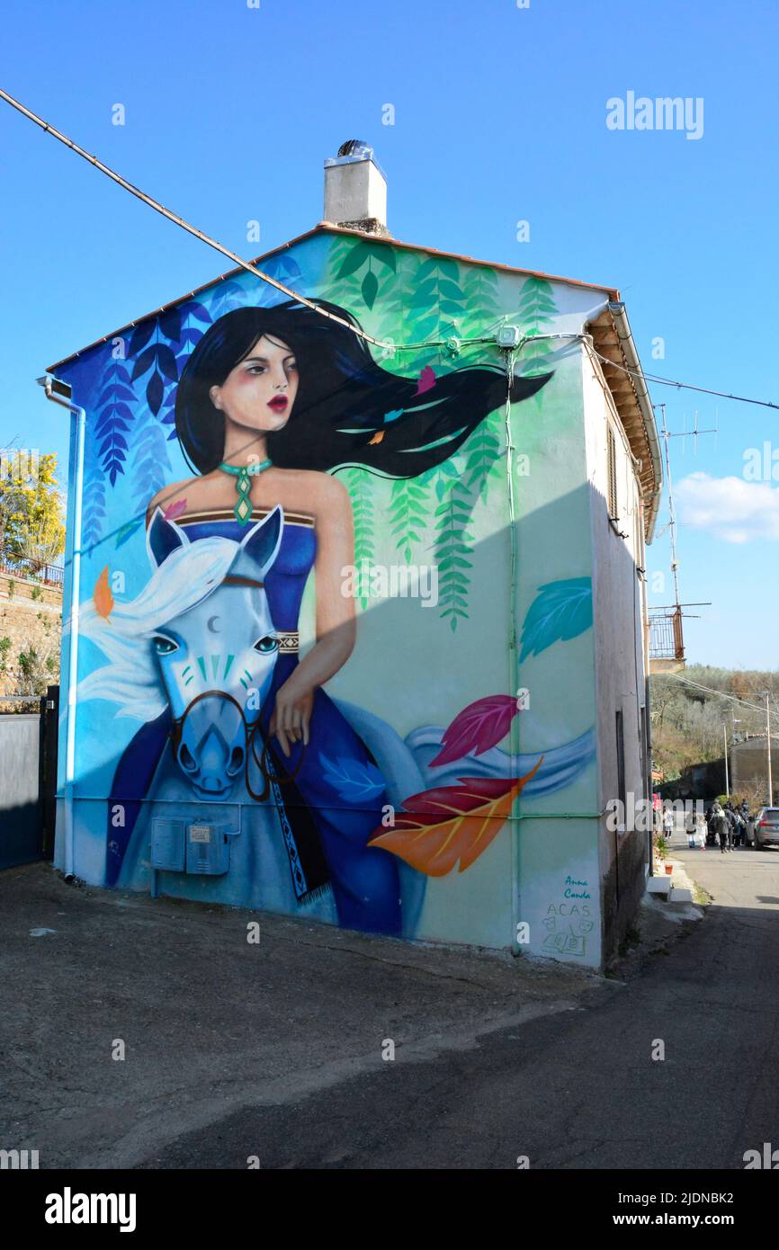 Small village in the center of Italy renewed with building facades painted with most famouse fairy tales Stock Photo