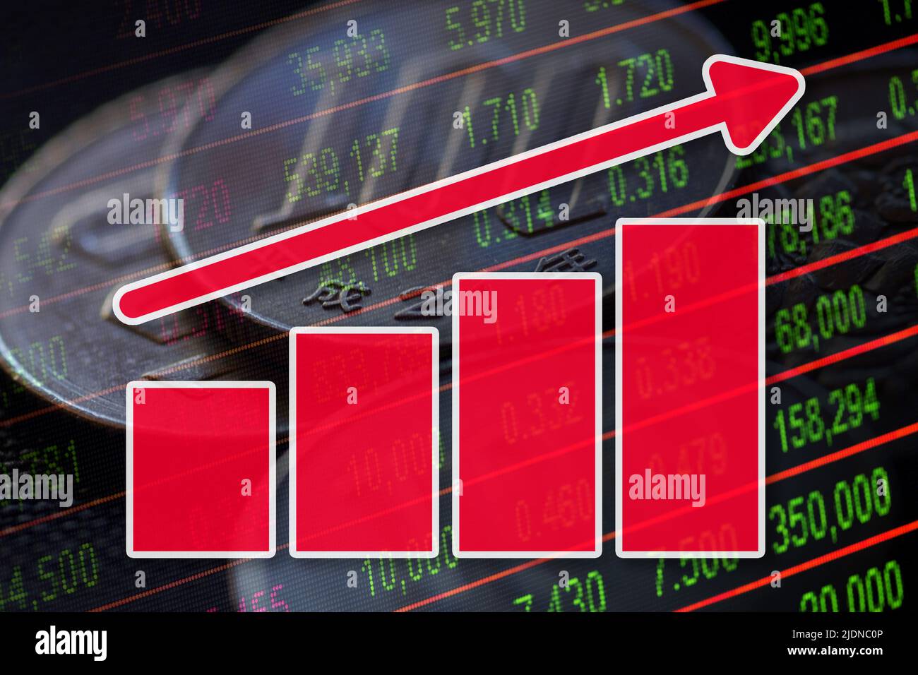 Economy Graph: Up Arrow, Cash Yen Coins and Stock Market Dashboard ...