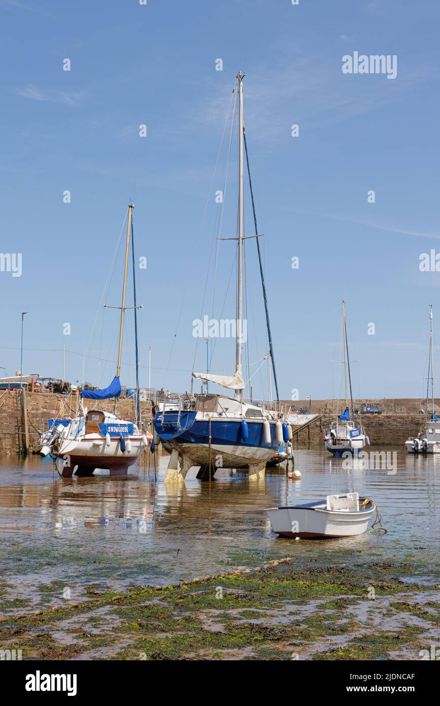 Paignton, Devon, UK, May 14th 2022: Within the walls of Paignton Harbour moored yachts rest on the sand at low tide under a blue sky. Stock Photo