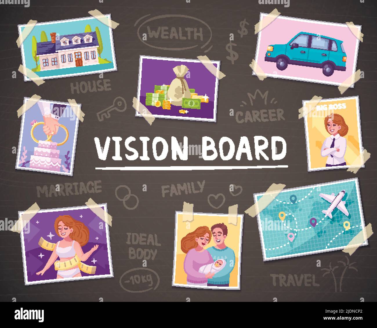 Vision board cartoon background with wealth and family symbols vector ...