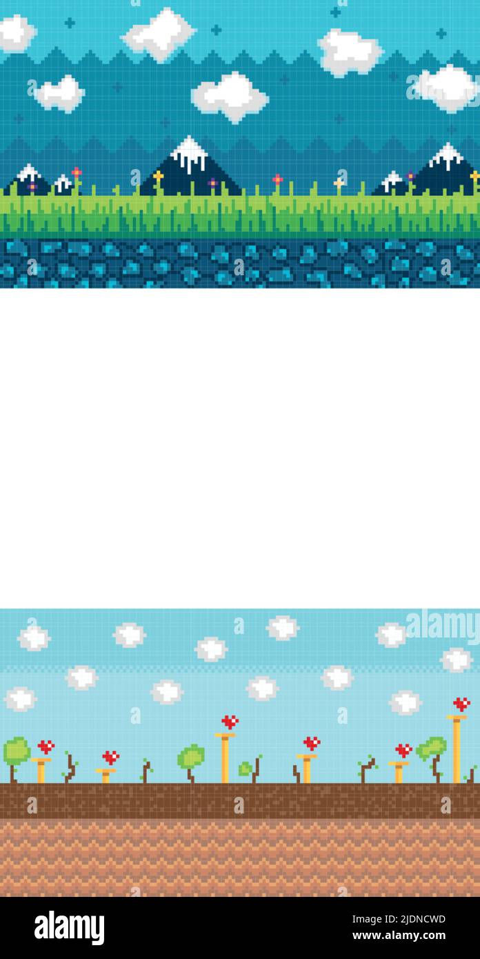 Colored videogame scenary with mountains grass and clouds Vector Stock ...