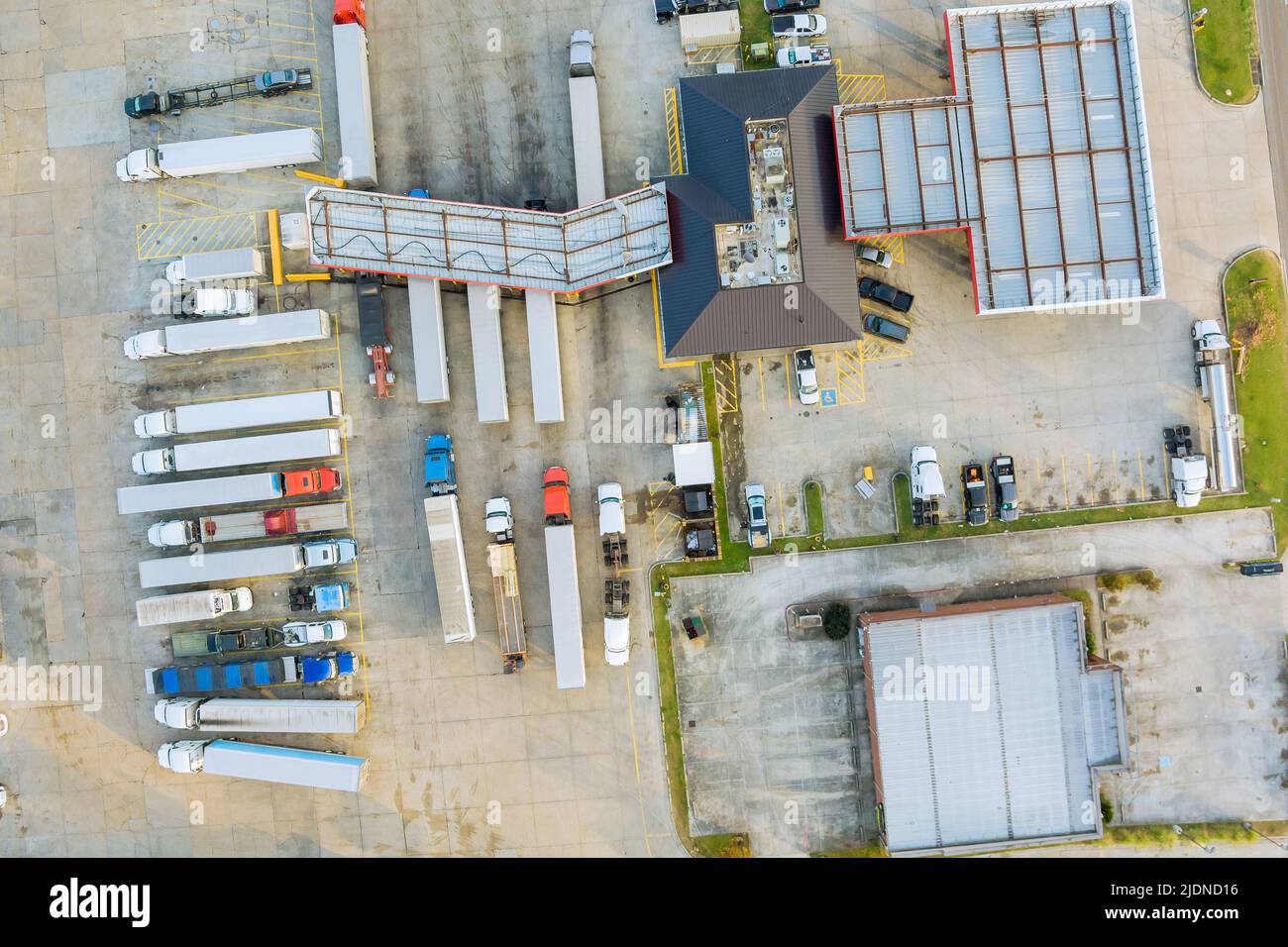 View from an aerial perspective of fuel stations near the highway for