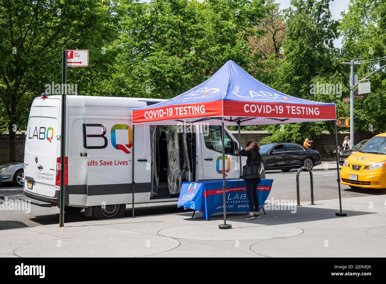 LABQ Covid-19 mobile testing unit on 5th Avenue in Upper East Side on Manhattan, New York City, United States of America Stock Photo