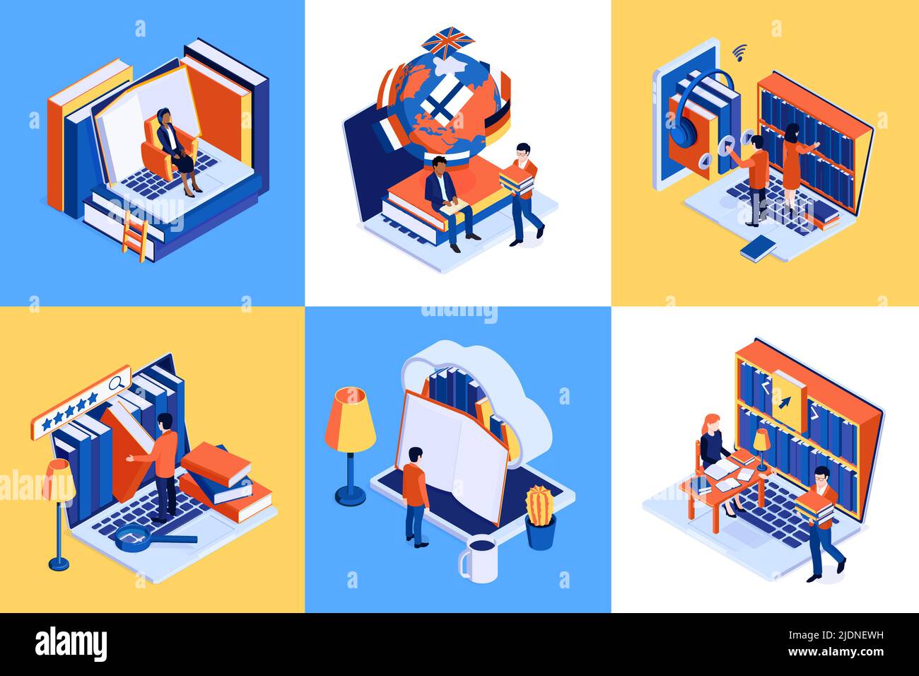 Online library isometric concept with reading on laptop keyboard cloud ...