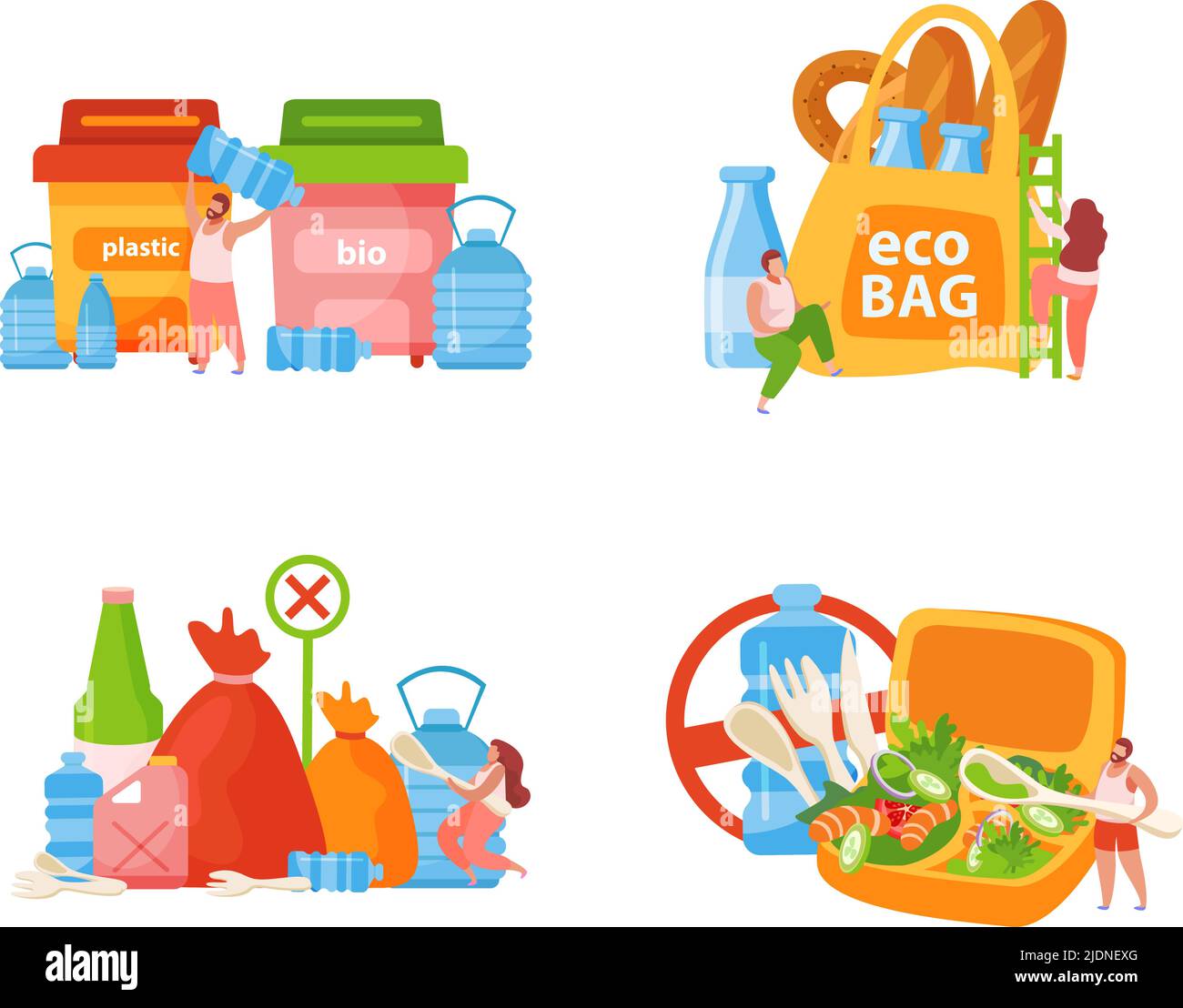 Flat Self care concept icon set with bio boxes eco bags and ban on ...