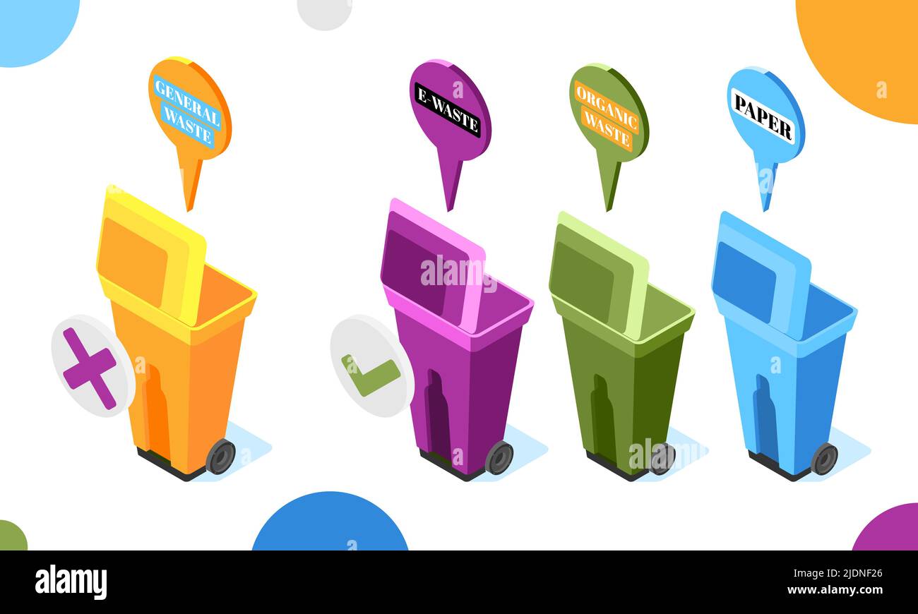 Electronic garbage isometric background with colourful waste bins with opened lids and thought bubbles with text vector illustration Stock Vector