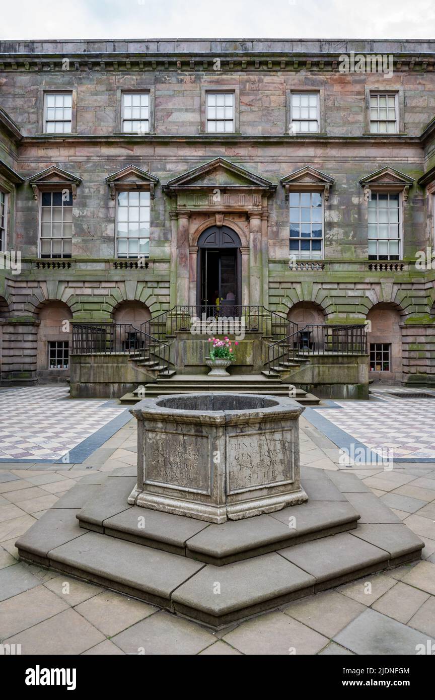 Disley, England- May 15, 2022: The central court yard at the National Trust Lyme Park House near Manchester. Stock Photo