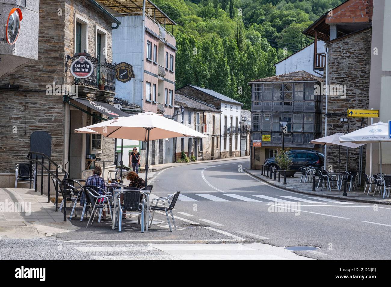 Spain, Galicia, Samos. Main Street Scene. Stock Photo