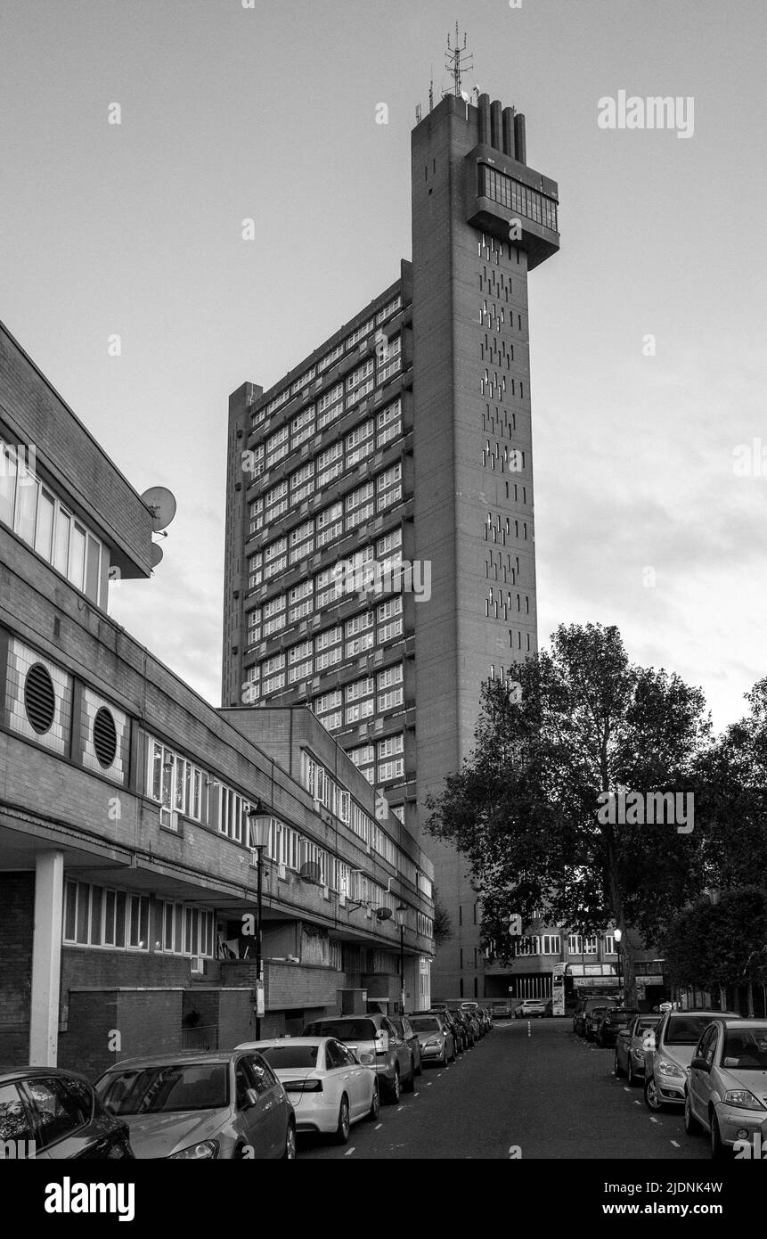 Grade II listed Trellick Tower in West London, a brutalist style tower block designed by architect Erno Goldfinger - 2021 Stock Photo