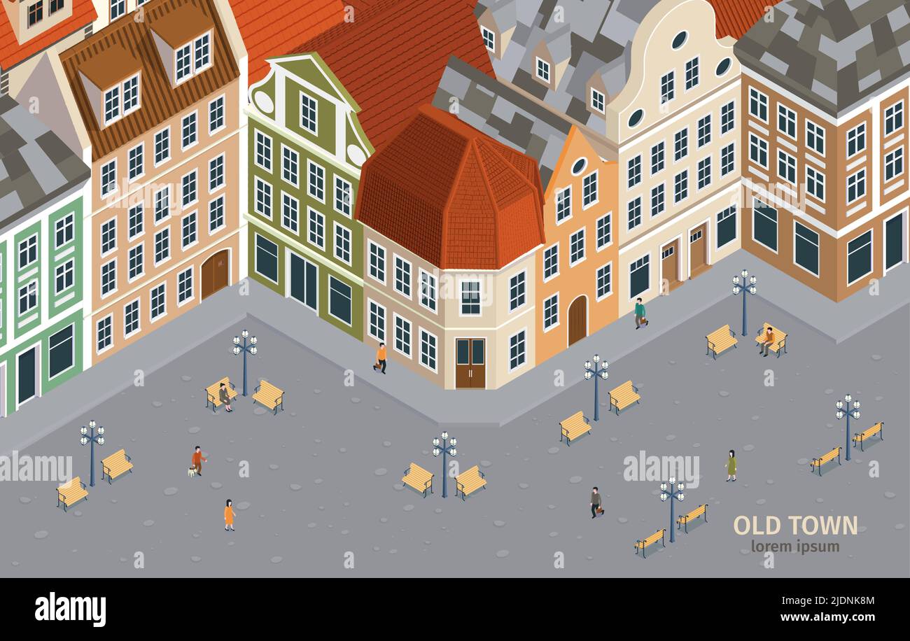 Isometric and colored old town composition with different houses in ...