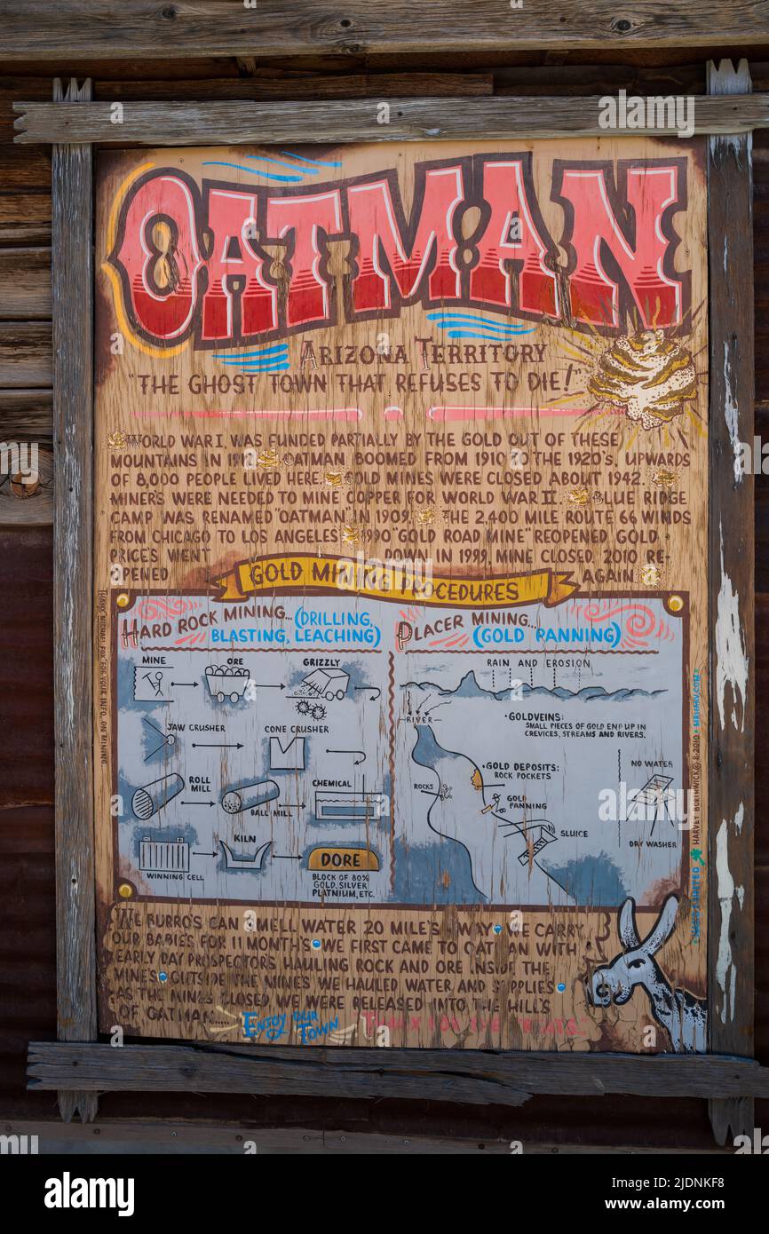 Oatman Ghost Town on Route 66 Arizona Historical Guide sign Stock Photo