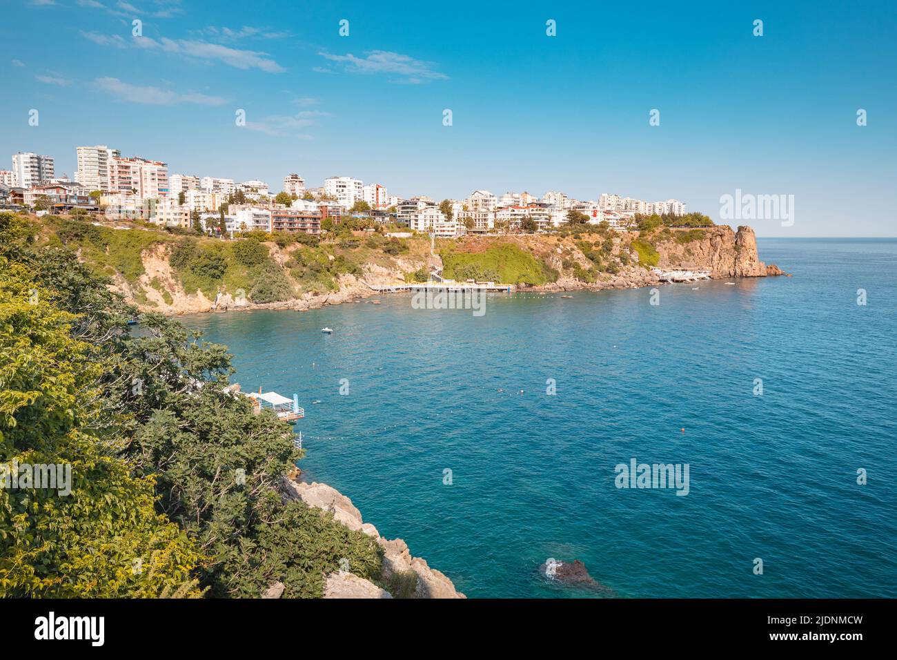 Lara district of a resort town of Antalya, Turkey situated on a high cliff. Vacation and coastline concept Stock Photo
