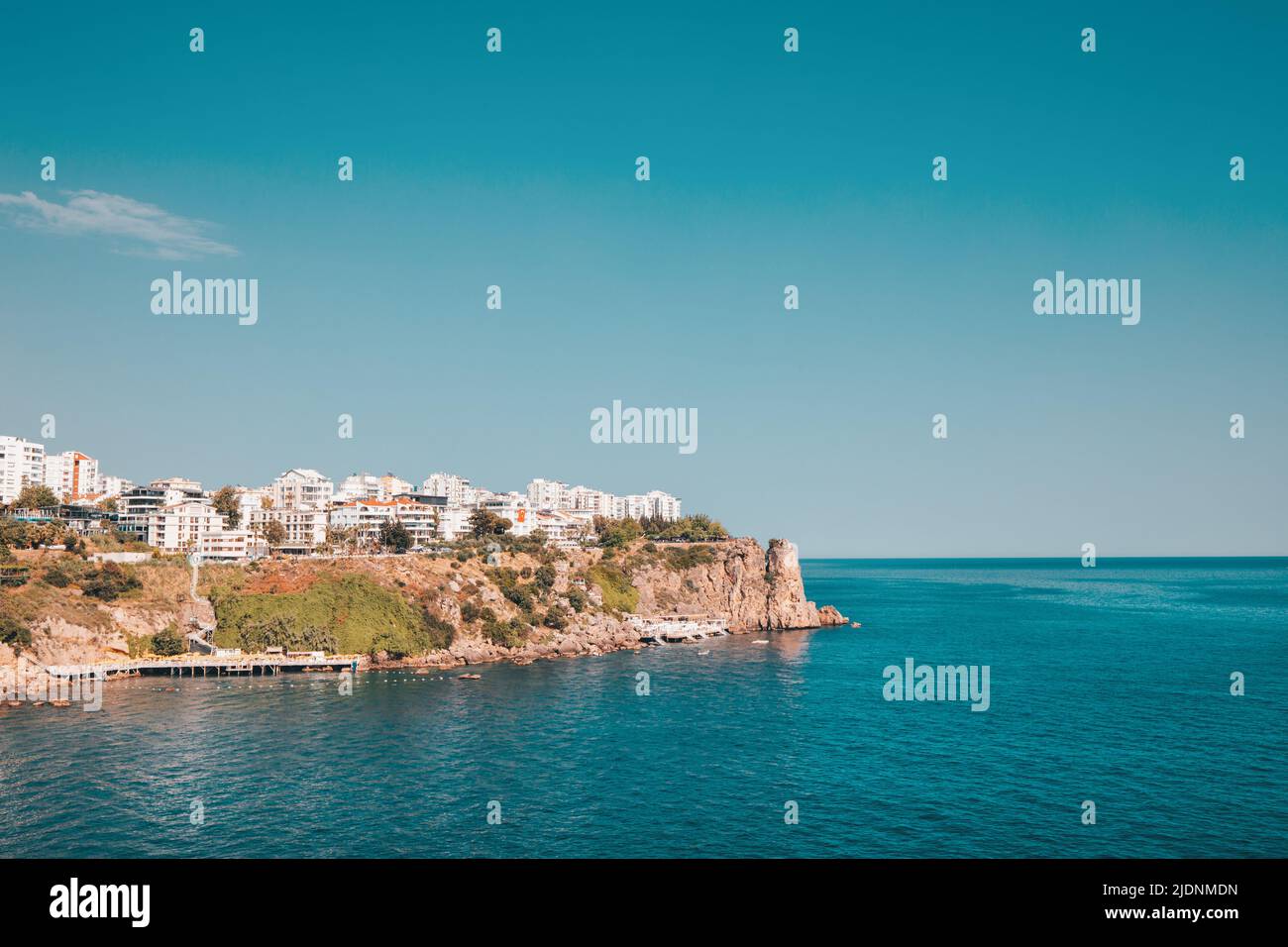 Lara district of a resort town of Antalya, Turkey situated on a high cliff. Vacation and coastline concept Stock Photo