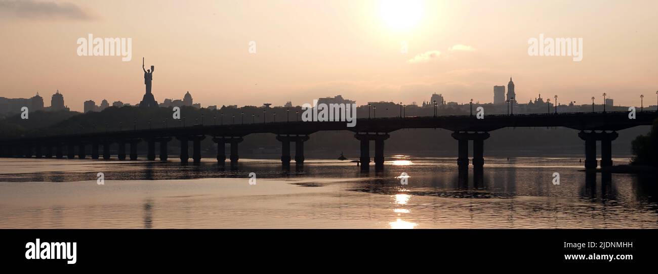 Kiev, Ukraine May 1, 2020: Paton Bridge over the Dnieper River, aging, rusting and requiring repair Stock Photo