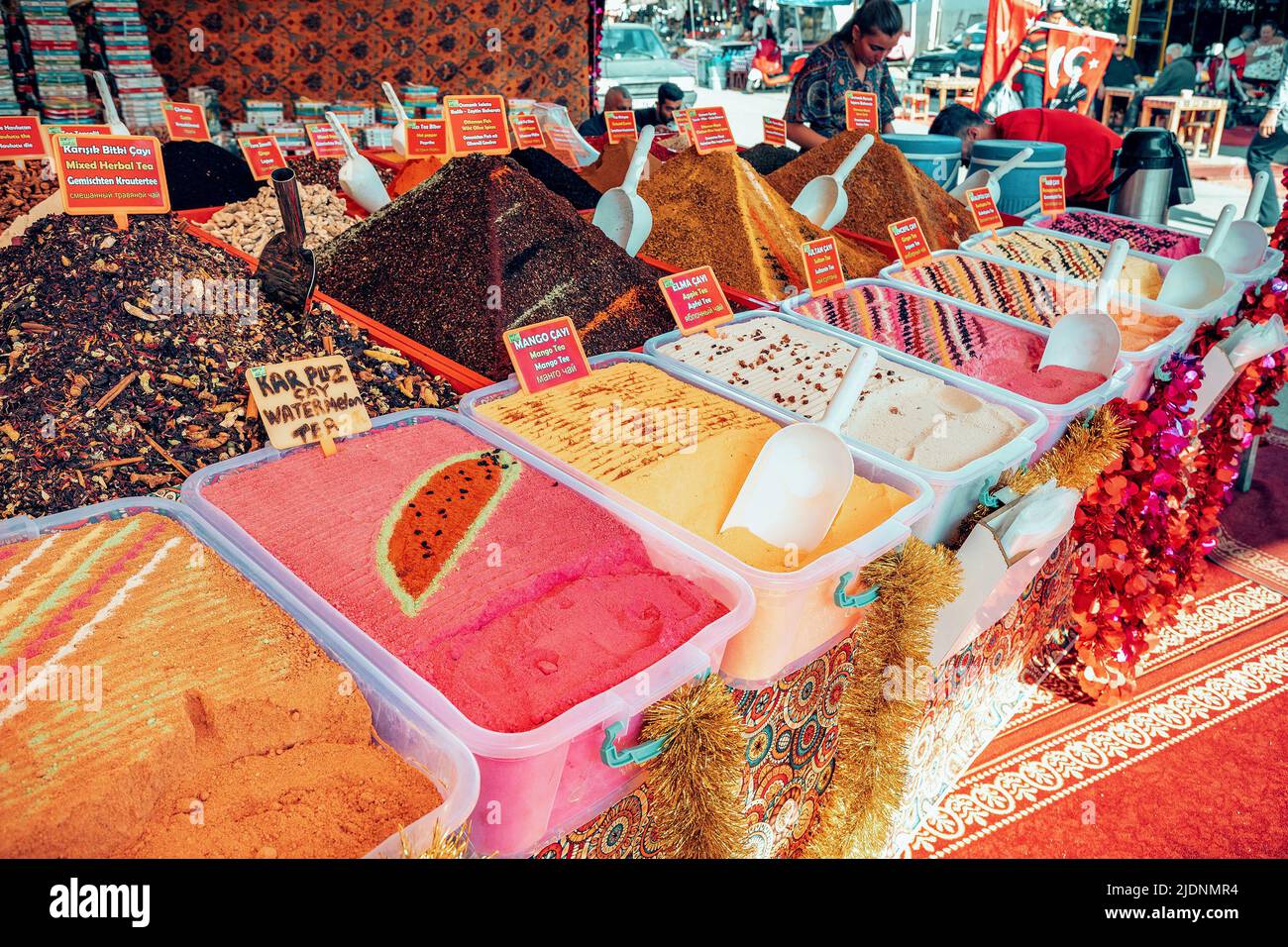 21 May 2022, Antalya, Turkiye: Selling various flavors aroma tea at local bazaar market Stock Photo