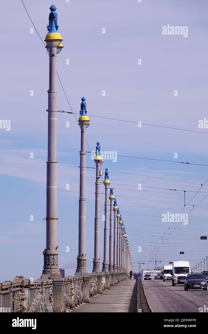 Kiev, Ukraine March 13, 2020: Paton Bridge over the Dnieper River, aging, rusting and requiring repair Stock Photo