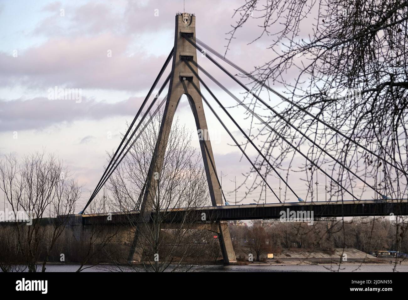Winter view of the North bridge over the Dnieper river, city Kiev Ukraine Stock Photo