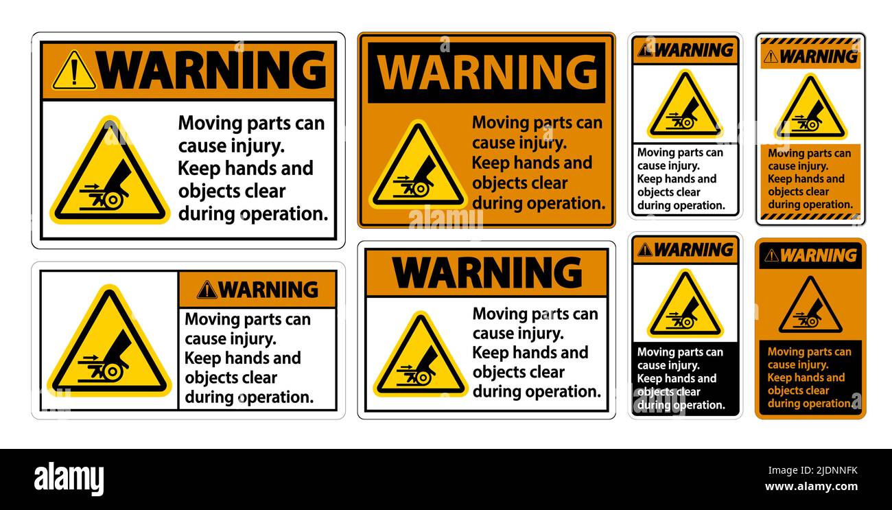 Warning Moving parts can cause injury sign on white background Stock ...