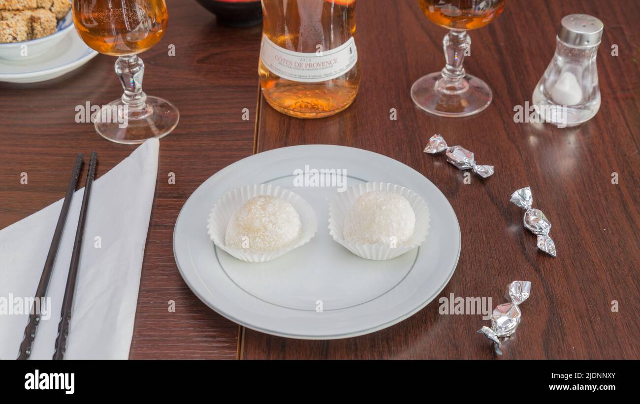 Coconut pearls on a table in a Japanese restaurant Stock Photo Alamy