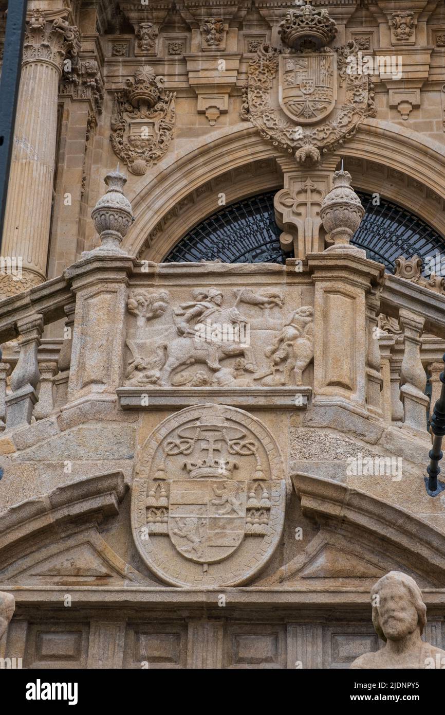 Spain, Santiago de Compostela, Galicia. Santiago Matamoros (Saint James the Moor Slayer) Carved in Stone approaching Main cathedral entrance. Stock Photo
