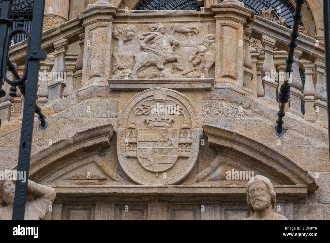 Spain, Santiago de Compostela, Galicia. Santiago Matamoros (Saint James the Moor Slayer) Carved in Stone approaching Main cathedral entrance. Stock Photo