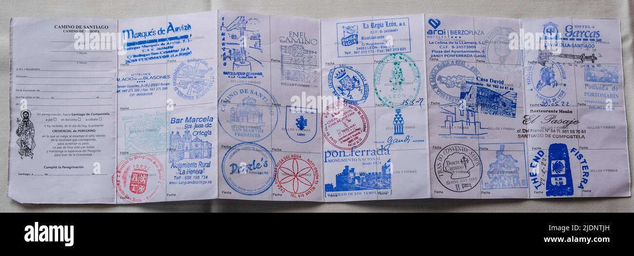 Spain, Camino de Santiago Passport Stamps Gathered along the Way, Needed to Prove the Distance Traveled on Foot. Stock Photo
