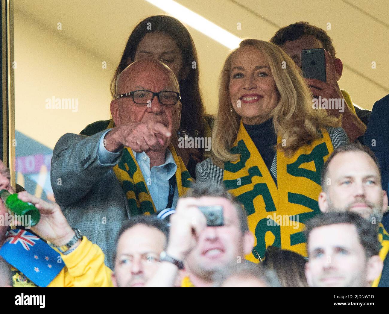 *** FILE PHOTO ***  Jerry Hall and Rupet Murdoch pictured together as a couple for the first time in a VIP hospitality box watching the Rugby World Cup Final 2015 at Twickenham between Australia and New Zealand.  Rugby World Cup 2015 - Final  Twickenham Stadium - 31/10/2015 Copyright Picture : Mark Pain / Alamy Live News Stock Photo