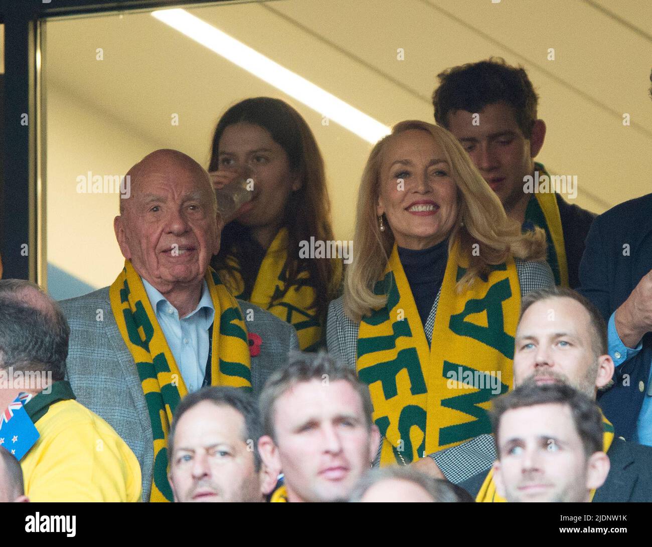 *** FILE PHOTO ***  Jerry Hall and Rupet Murdoch pictured together as a couple for the first time in a VIP hospitality box watching the Rugby World Cup Final 2015 at Twickenham between Australia and New Zealand.  Rugby World Cup 2015 - Final  Twickenham Stadium - 31/10/2015 Copyright Picture : Mark Pain / Alamy Live News Stock Photo