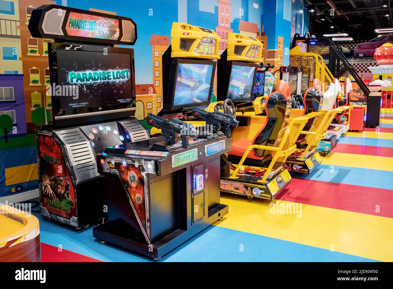 26 May 2022, Antalya, Turkey: Arcade gaming park with retro video games ...