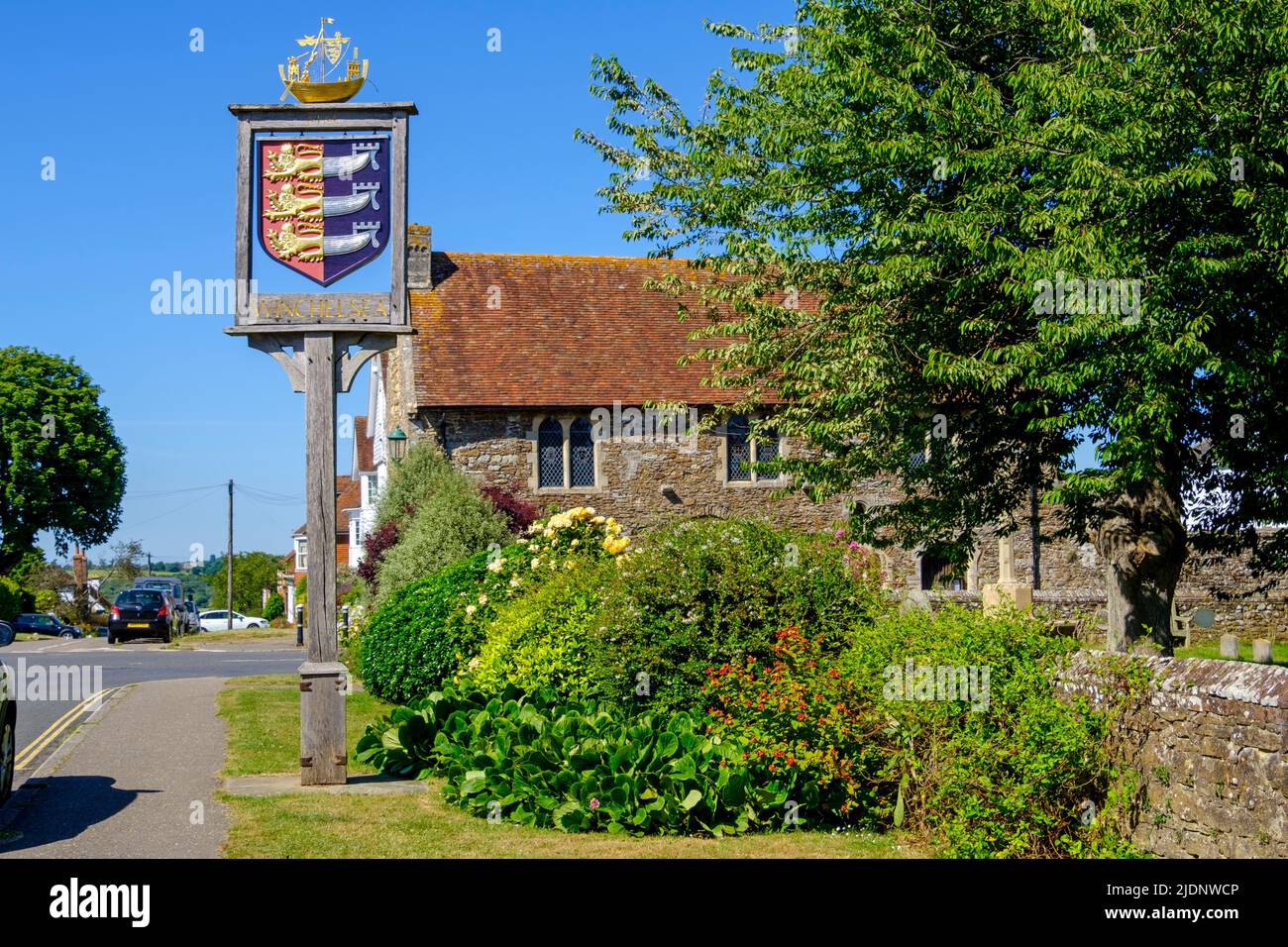Winchelsea town sign and Old Court House Museum, East Sussex, UK Stock Photo