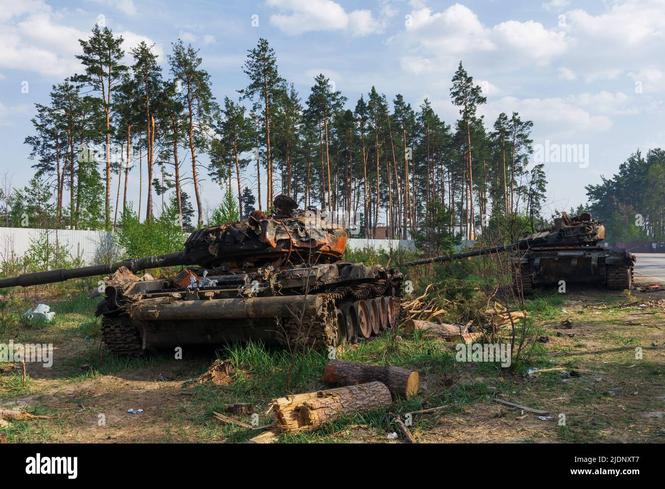 BUCHA, UKRAINE 12.05.2022 Irpin, Bucha. Atrocities of the russian army in the suburbs of Kyiv. russian tank knocked out by the Ukrainian army. War of Stock Photo